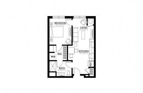 Floor plan for 1 bed, 1 bath, 632 sqft